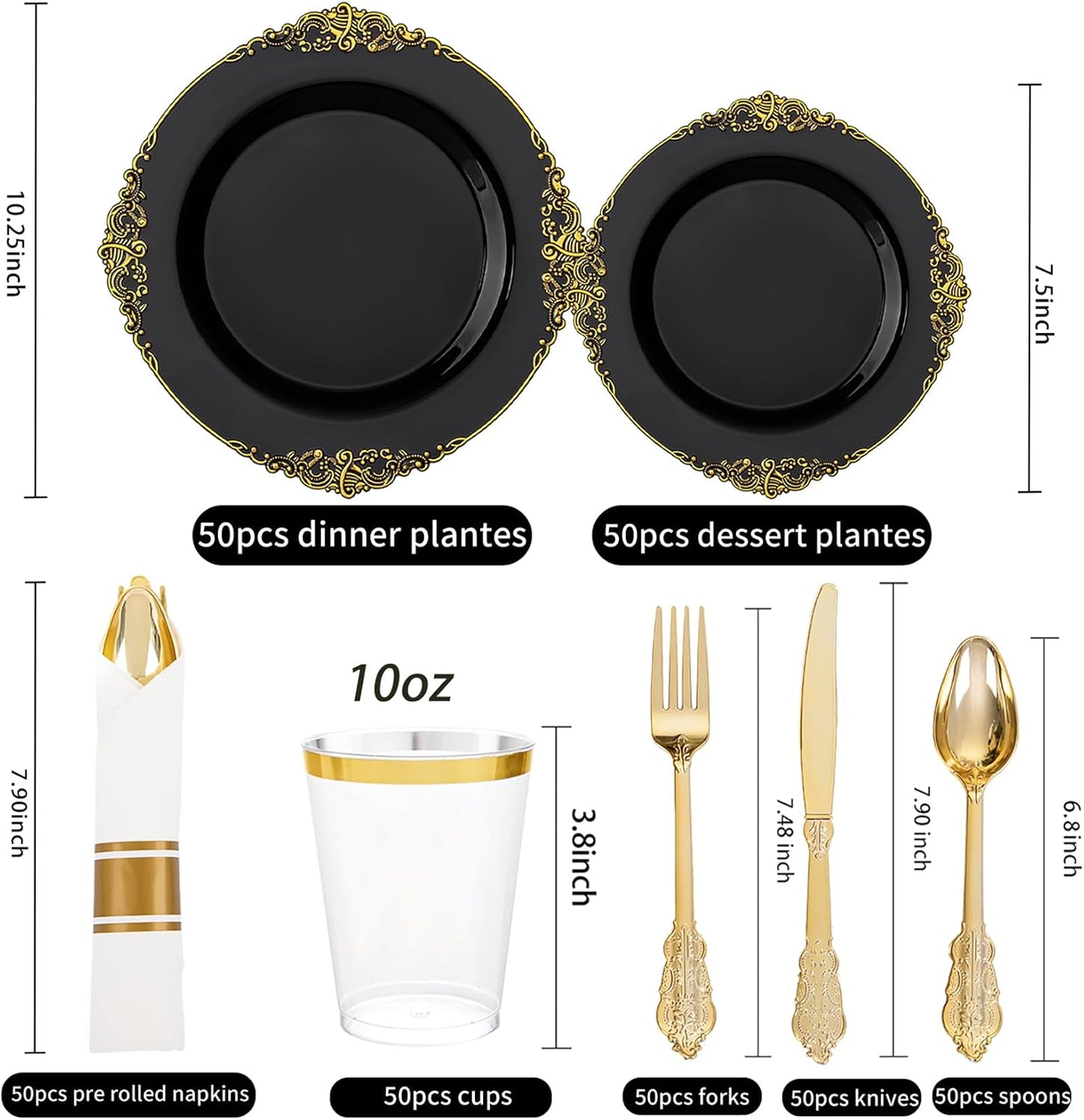 Hioasis 350pcs Black and Gold Plastic Plates - Diposable Dinnerware Set Suitable for 50 Guests Include 10.25" Dinner & 7.5" Dessert Plates, Pre Rolled Silverware Set, Cups for Party & Halloween