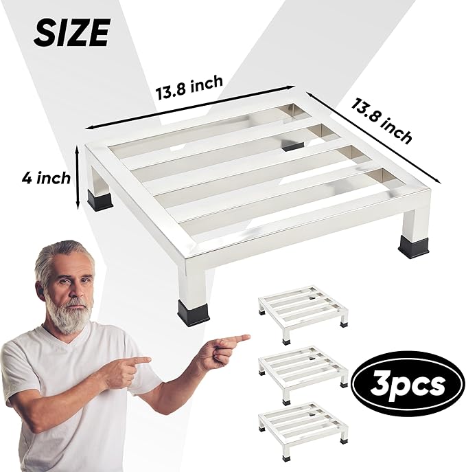 3 Packs Dunnage Rack 13.8x13.8x4inch Stainless Steel Dunnage Racks Commercial Food Service Storage Rack for Restaurants Kitchen Warehouse Supermarket