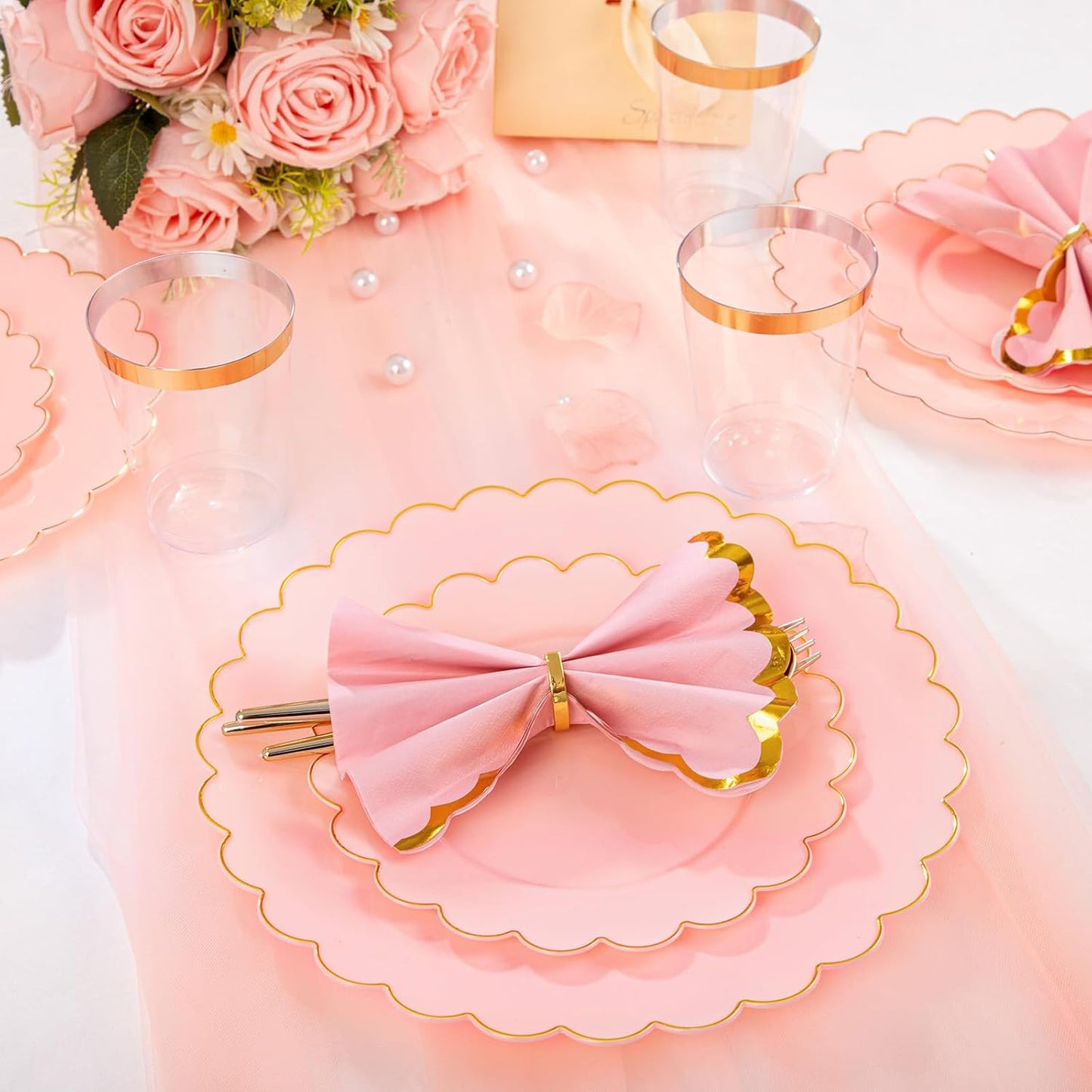 LIYH 210 Pcs Pink and Gold Scalloped Plastic Plates - Disposable Dinnerware Set, Include Gold Plastic Silverware, Pink Plates and Napkins Party Supplies for Birthday Wedding