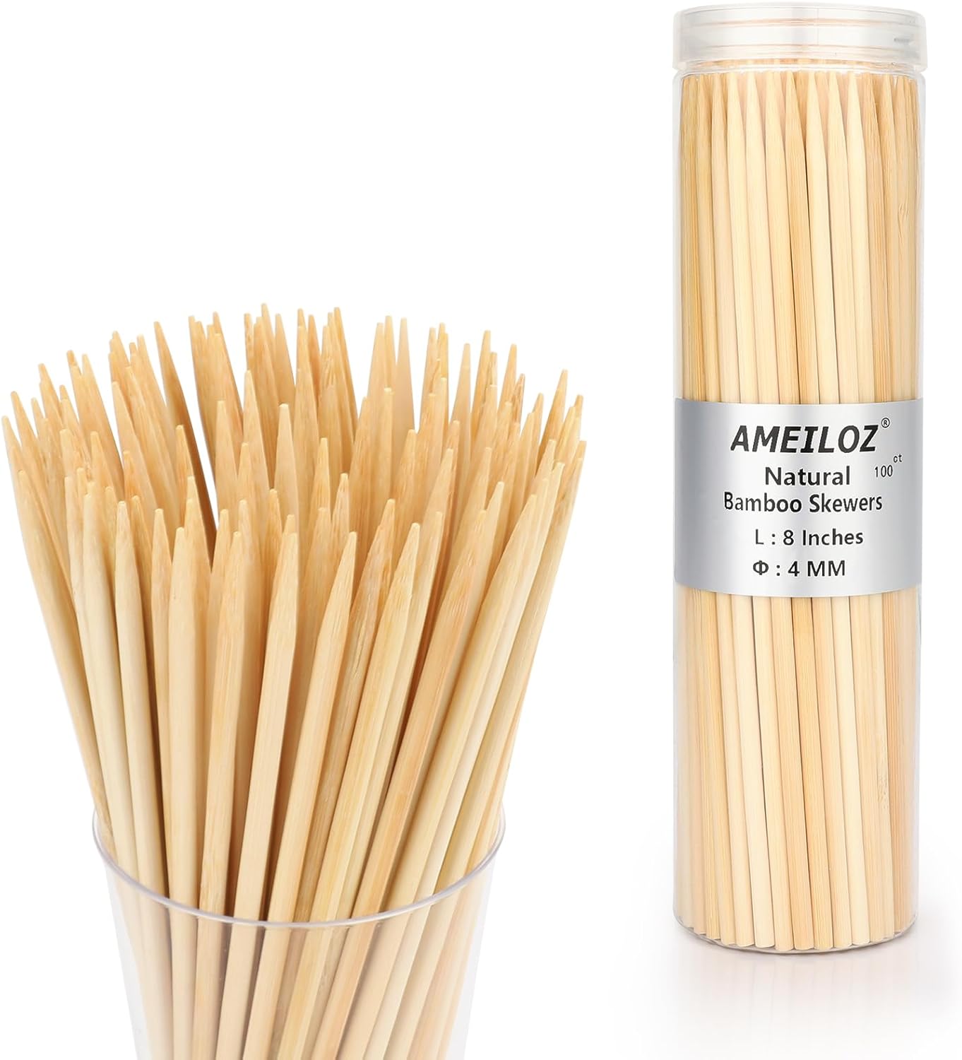 8" Bamboo Wooden Skewers for BBQ, Kebob, Appetizer, Fruit, Sausage, Chocolate Fountain, Natural Wood Barbecue Kabob Skewer Stick, Organic Food Sticks for Grilling, Kitchen (Φ=4mm Thick, 100PCS)