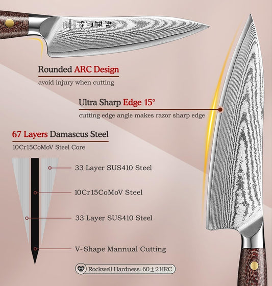 HEZHEN Damascus Chef Knife Set, 67 Layers Damascus Steel, 5PCS, Ultra Sharp, Professional Kitchen Knife Set for Chefs and Home Cooking, Ergonomic Micarta Handle, Gift Packing