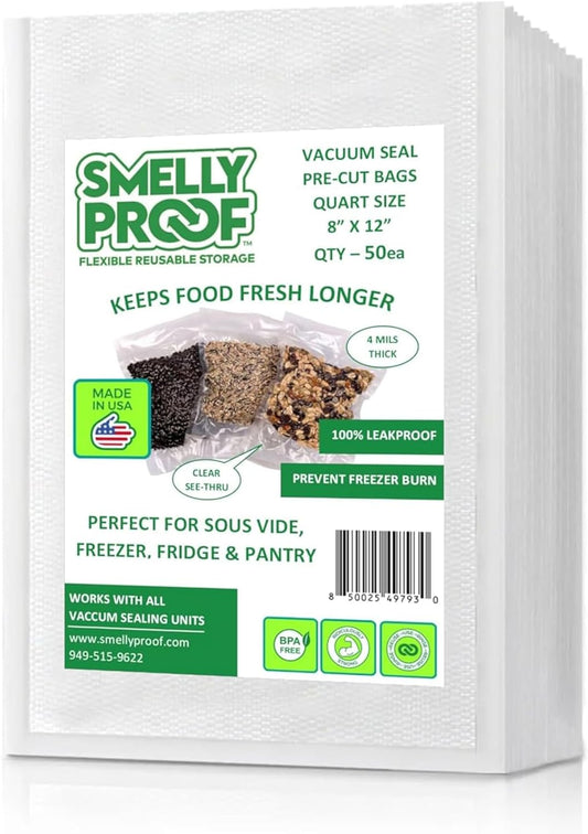 Smelly Proof Vacuum Bags, American Made – 50-Bags 8"x12" Quart, BPA FREE 4-Mil Vacuum Sealer Bags for Food, Seal Meal Bags, Freezer Storage, Meal Prep, Sous Vide Cooking & Storage