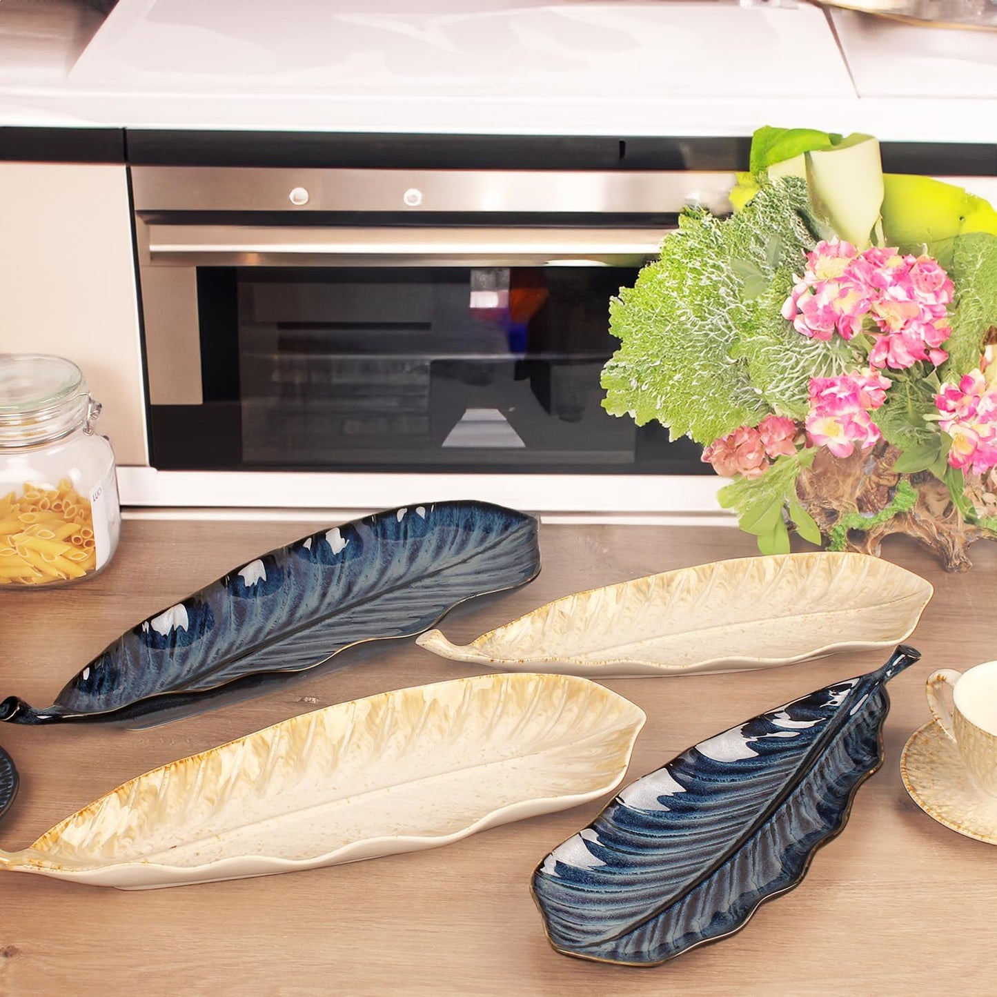 Serving Platter Olives Plate Set of 2, Large Serving Tray for Entertaining, Porcelain Trays and Platters, Salad Appetizer Tray,Dishwasher & Microwave Safe,Gradient beige 14.5 Inch