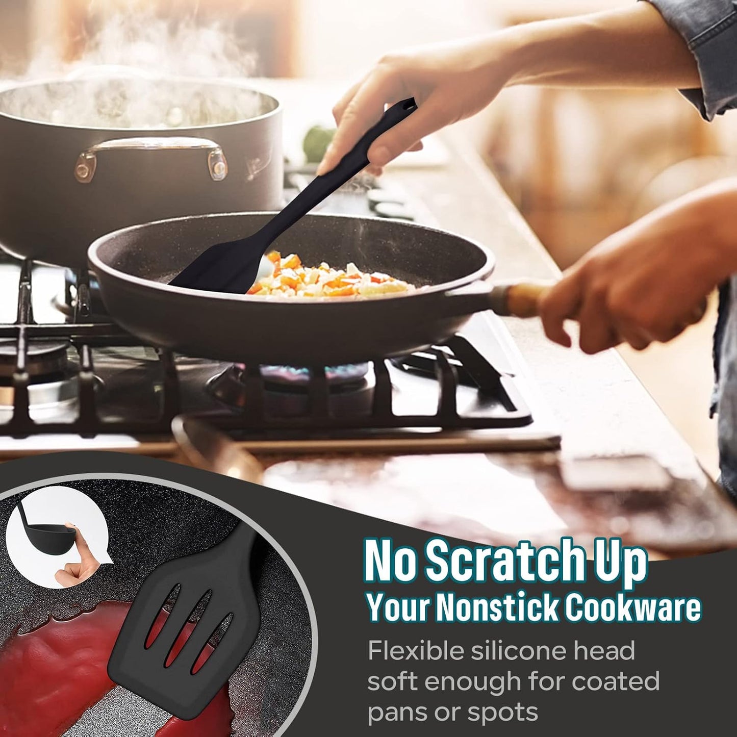 E-far Silicone Cooking Utensils Set, 7-Piece Black Heat Resistant Kitchen Utensils Set, Kitchen Nonstick Tools Spatula Ladle Spoon Pasta Server for Non-stick Cookware, Non-Toxic & Dishwasher safe