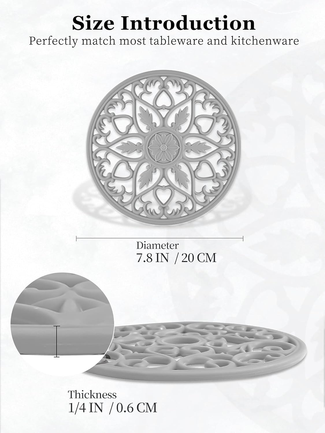 SMARTAKE 6 Set Silicone Trivets, Multi-Use Carved Trivet, Insulated Non-Slip Durable Kitchen Mat, Flexible Modern Kitchen Table Mat, for Hot Dishes, Pots, Dining Countertop, Grey