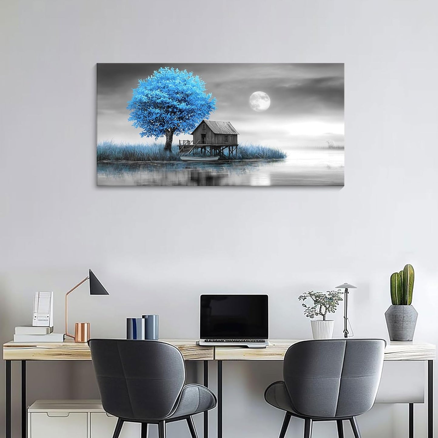 JEAWA Landscape Canvas Wall Art Decor - Blue Gray Wall Art for Bathroom Bedroom Study Dining Room, Winter Wall Art Canvas Paintings, Moon Pictures Wall Decor, Tree Art Wall Decor, 20x40 IN
