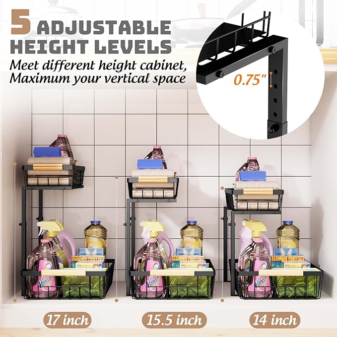 Under Sink Organizer and Storage, 2 Pack Slide Out Under Cabinet Storage Pull Out Sink Shelf Cabinet Storage Shelves, Undersink Organizers for Kitchen Bathroom Cabinet