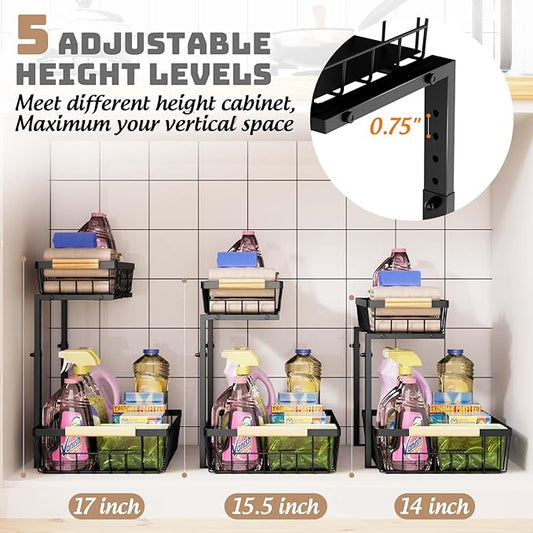 Under Sink Organizer and Storage, 2 Pack Slide Out Under Cabinet Storage Pull Out Sink Shelf Cabinet Storage Shelves, Undersink Organizers for Kitchen Bathroom Cabinet