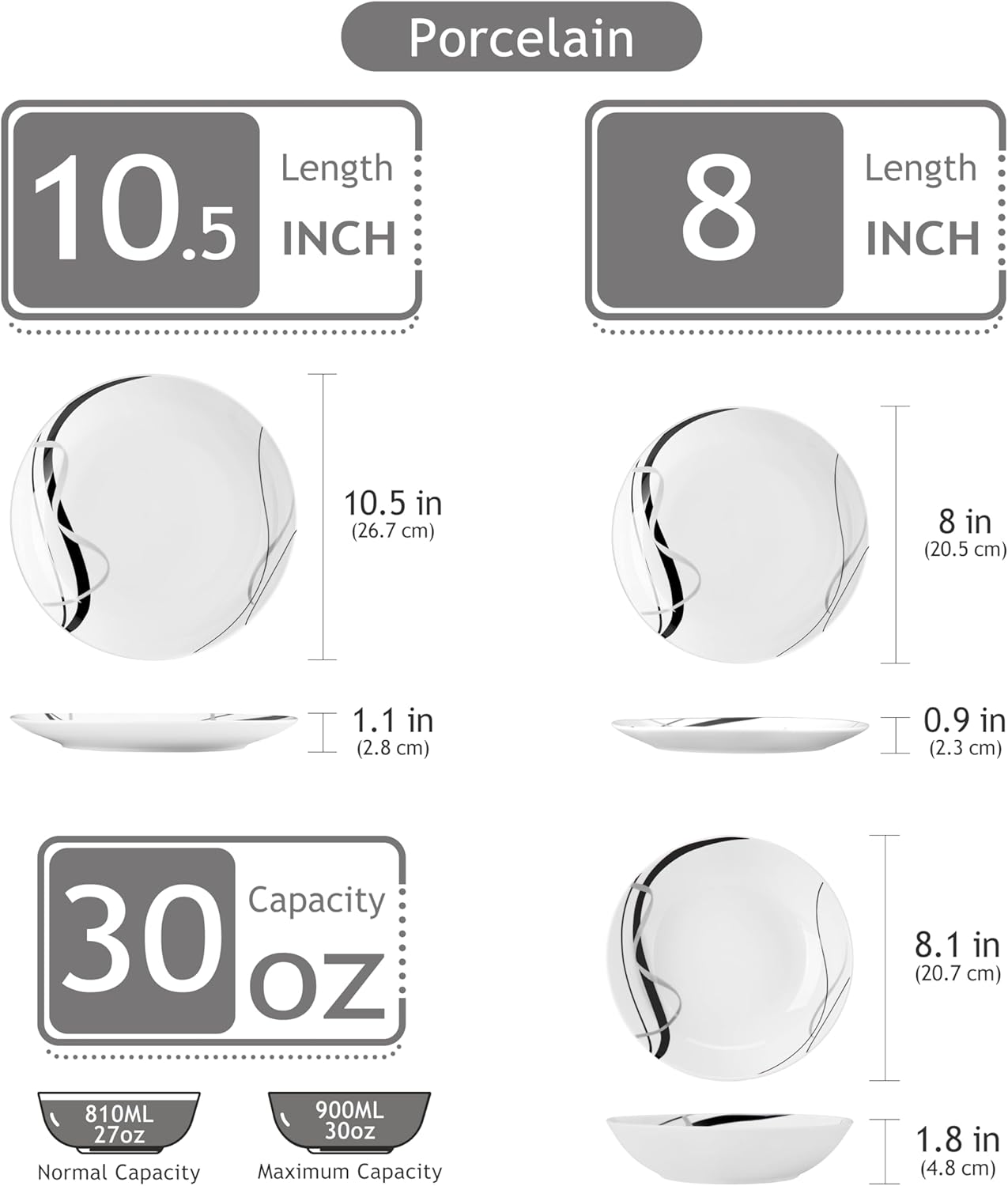 VEWEET Porcelain Dinnerware Sets for 6, 18 Pieces Plates and Bowls Set with Black and Grey Ribbon Lines, Dishes Set Dining Ware for Dinner, Microwave and Dishwasher Safe, Series FIONA