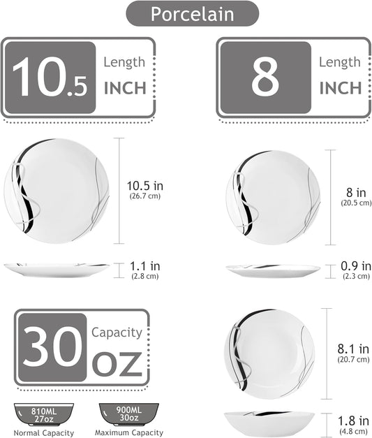 VEWEET Porcelain Dinnerware Sets for 6, 18 Pieces Plates and Bowls Set with Black and Grey Ribbon Lines, Dishes Set Dining Ware for Dinner, Microwave and Dishwasher Safe, Series FIONA
