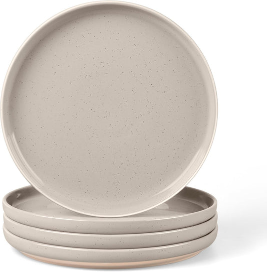 LIANYU Stoneware Dinner Plates Set of 4, 10.5 Inch Porcelain Kitchen Plates, High Edge Flat Dishes Set for Steak, Salad, Dessert, Microwave & Dishwasher & Oven Safe, Scratch Resistant, Milky Brown