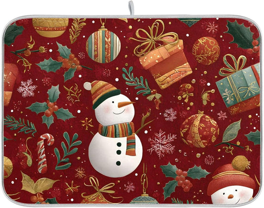 Snowmen Candy Canes and Christmas Dish Drying Mat Super Absorbent Drying Mat 16x18 inch Large Dish Drying Mats for Kitchen Counter Dish Drying Pads Kitchen Drying Matt for Countertop