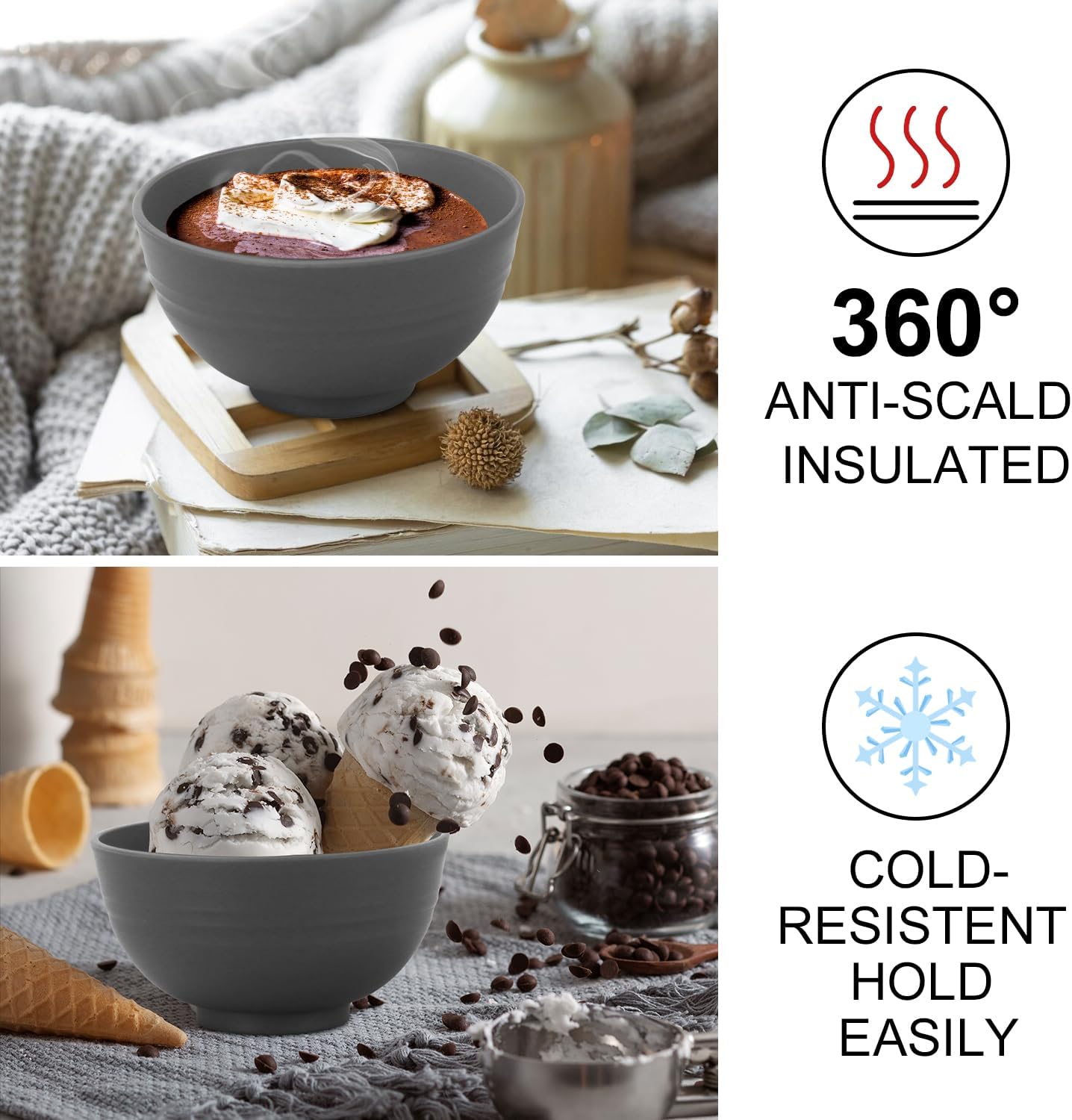 Wrova wheat straw small bowls 10oz set of 8 - Unbreakable Dessert Bowls for kids - Mini Bowl Sets for Ice Cream,Snack and Fruits - Microwave & Dishwasher Safe Appetizer Bowls (Deep Grey)