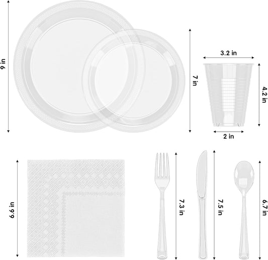 Party Solids 350 Pieces Clear Plastic Plates For Party, Clear Disposable Plates Set, 50 Of Each 9" Dinner Plate Set, 7" Dessert Plate, Cups, Napkins & Cutlery Plastic Dinnerware