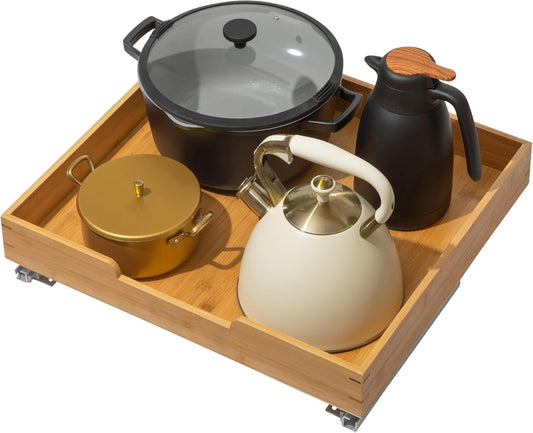 HOLDN’ STORAGE Bamboo Wooden Pull out Cabinet Organizer 20" W x 21" D - Requires At Least a 21.25" W x 21" D. Cabinet Opening. W/Lifetime Limited Warranty. Bamboo Tray and Heavy gauge metal rails.