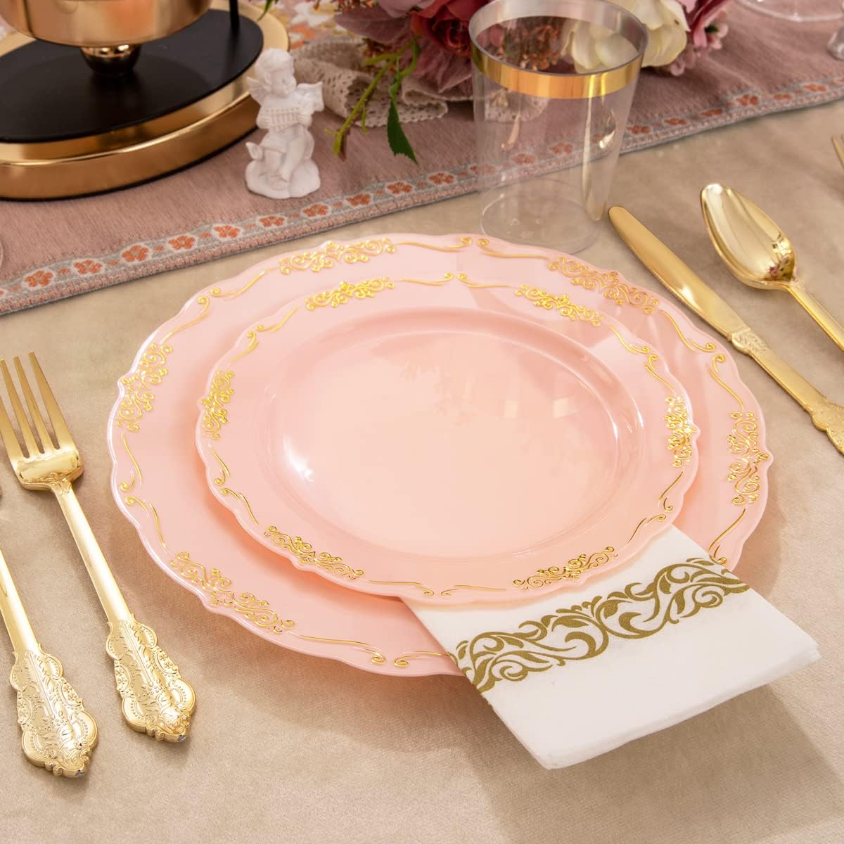 Supernal 210 Pink and Gold Plastic Plates ＆ Plastic Silverware,Elegant Party Cups,Dessert/Salad Plate with Gold Rim, disposable paper Napkins,Suit for Bridal Shower, Wedding,Birthday