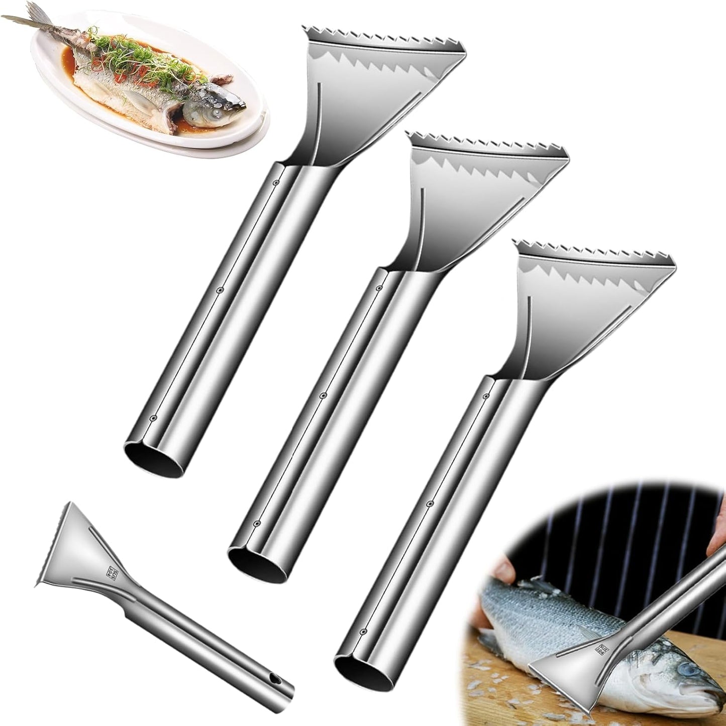 Sharp Stainless Steel Fish Scaler, 2025 NEW 304 Stainless Steel Fish Scaler Remover, Sawtooth Fish Descaler Tool for Family Kitchen, Seafood Markets (3PCS)