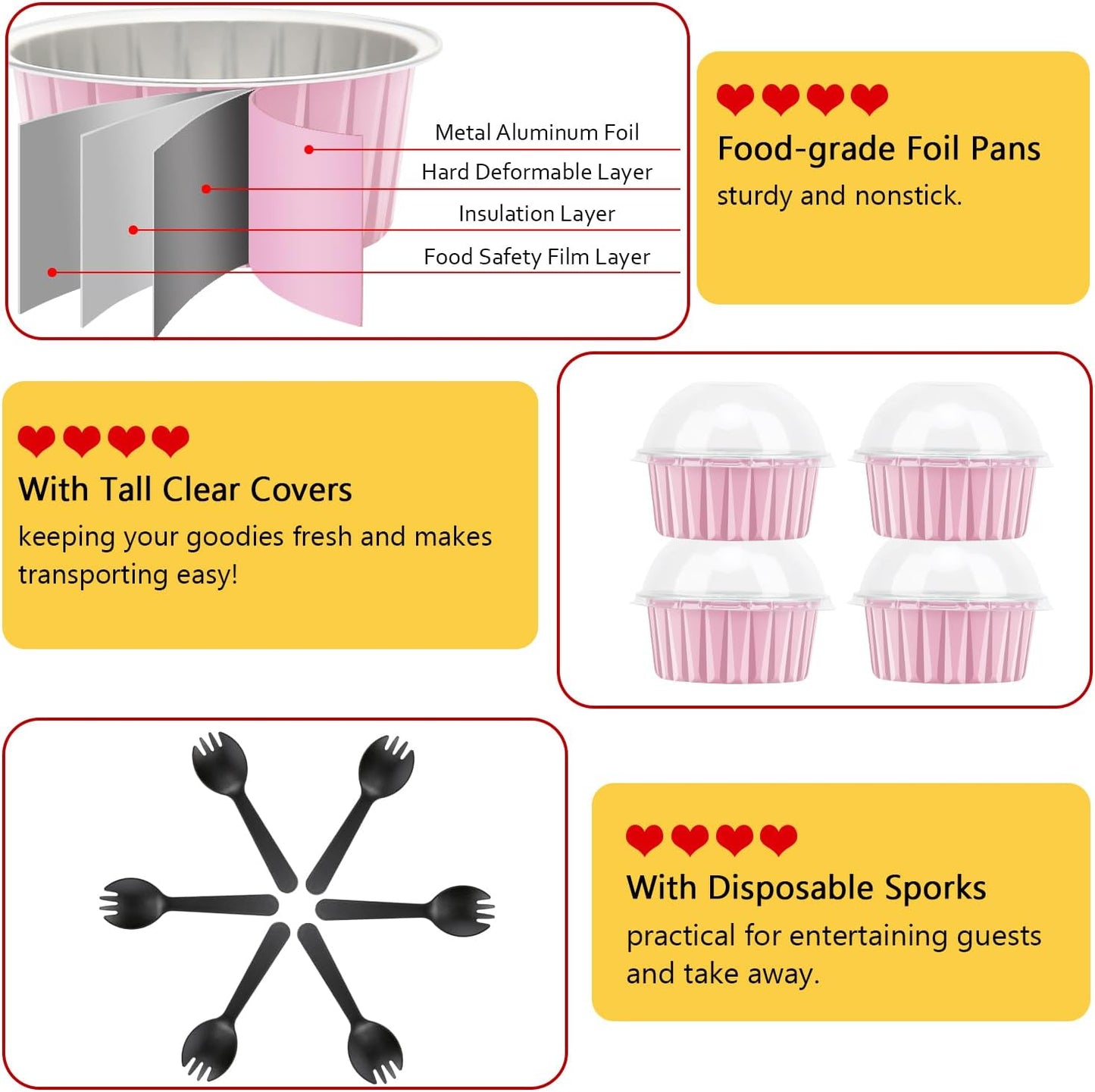 Jumbo Muffin Liners with Lids 50 Pack,Free-Air 5oz Aluminum Foil Cupcake Cups Muffin Tins,Disposable Ramekins Cupcake Baking Pans Cupcake Holders for Custard Mini Pie -Pink