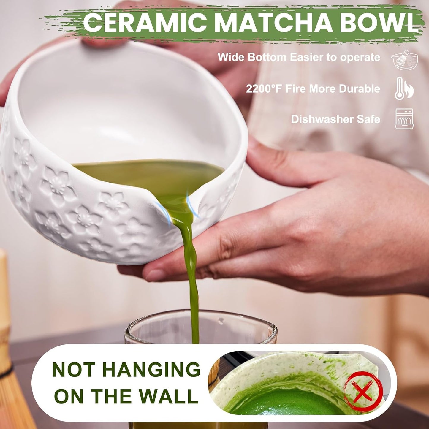 Matcha Whisk Set, Sakura White Ceramic Matcha Set Includes Matcha Bowl, Matcha Whisk (Chasen) and Holder, Sifter, Bamboo Scoop & Spoon - 6 Pcs Matcha Kit for Matcha Lovers