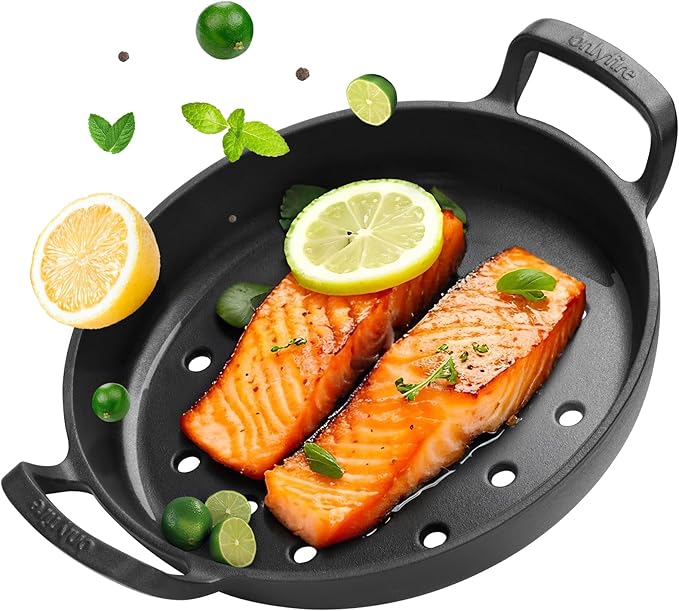 onlyfire Pre-Seasoned Cast Iron Skillet, Frying Pan with Nonstick Perforated Grill Surface and Dual Handles, 10 Inch Cast Iron Pan - Compatible With All Stovetops - Oven Safe & Rust Resistant