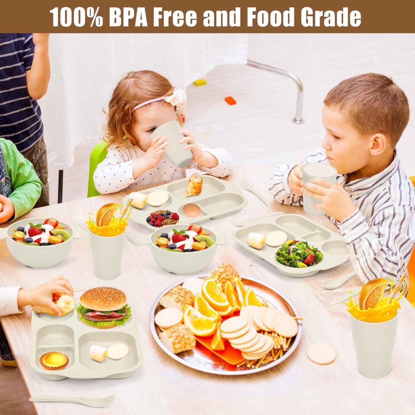 24 PCS Wheat Straw Dinnerware Set for Kids Toddler Plate Bowl Cup Set Unbreakable BPA-Free Tableware with Divided Plate Microwave Dishwasher Safe Perfect for Home School Picnics