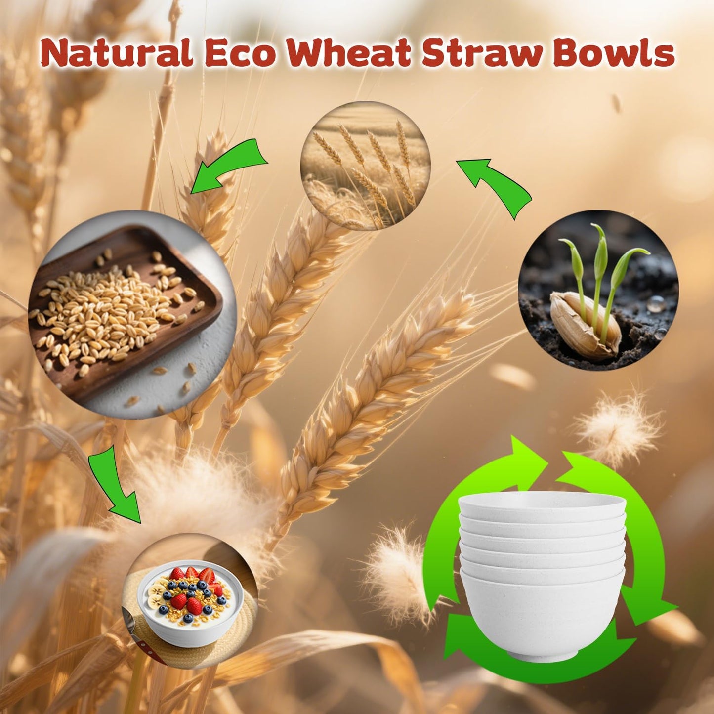 Wrova Wheat Straw Camping Bowls Sets of 6,Unbreakable 26oz Lightweight Bowls Sets for Outdoors Activity,Breakfast Bowls for Cereal and Salad.White Series