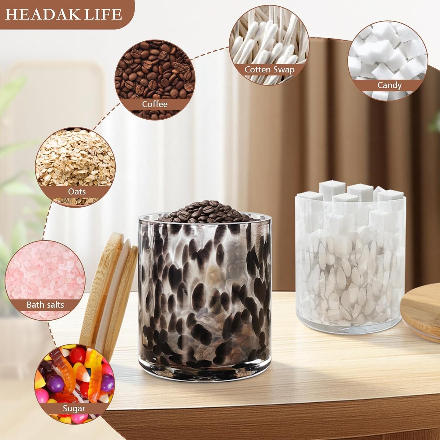 Set of 2 Hand Blown Glass Food Storage Containers with Lids 14oz Jar with Lid Coffee Container,Spice,Sugar,Tea,Flour,Nuts,Decorative Jars for Countertop(black ＆ white)