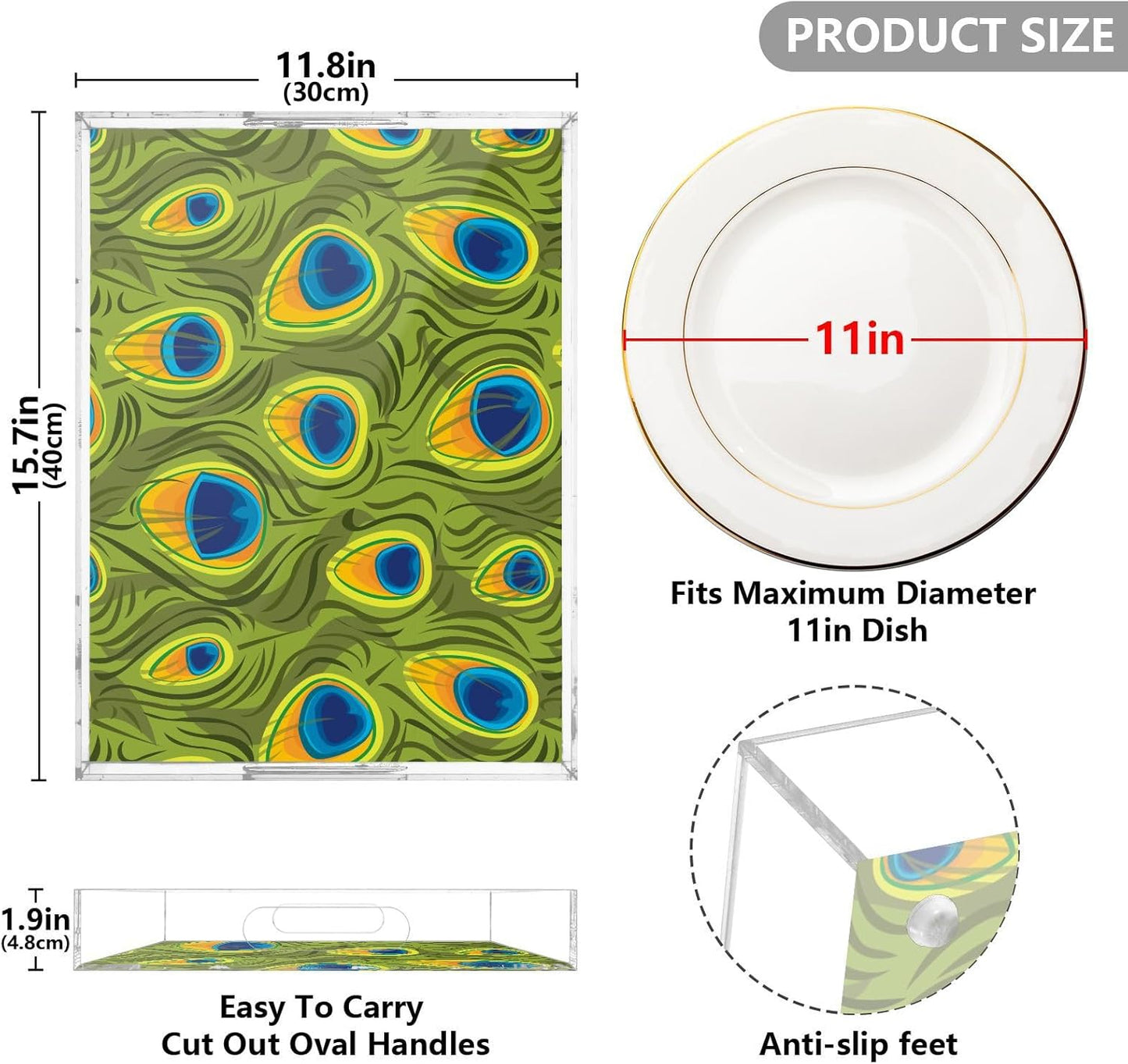 Acrylic Serving Tray with Handles Spill Proof Kitchen Storage Tray Clear Decorative Tray Makeup Drawer Organizer Storage Tray for Bathroom Living Room Ottoman 15.7x11.8Inches