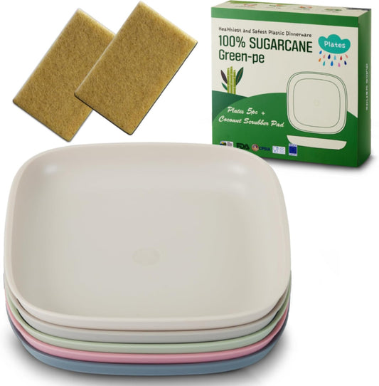 SUGARCANE Kids Plates 5Pack (7.9”) + Coconut Pad 2Pc- Organic Dishes for Toddler to Big Kids - USDA Certified – Microwaves & Dishwasher Safe – BPA Free, Unbreakable, Reusable - Gray Pink