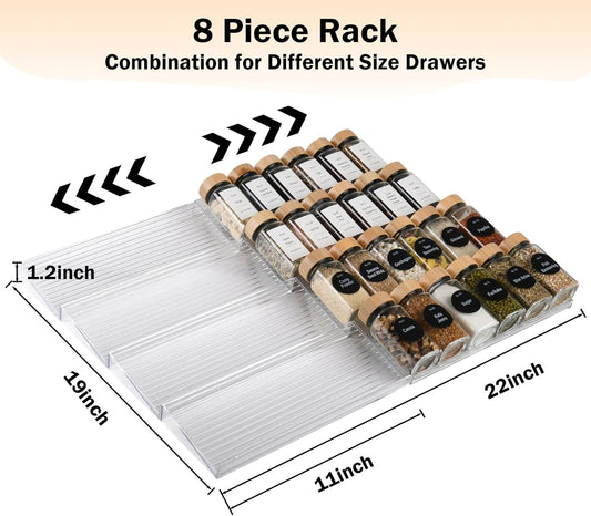24 Pcs Glass Spice Jars Bamboo Lids with Spice Drawer Organizer Set, 4 Tier-8 Pack Acrylic Expandable Spice Rack , 396 Spice Labels, Seasoning Containers Organization for Kitchen Cabinet Countertop