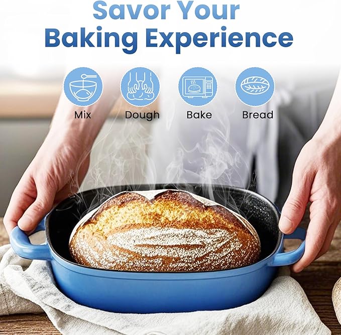 Cast Iron Dutch Bread Oven - 2.5QT Dutch Oven for Sourdough Bread Baking, Cast Iron Bread Loaf Pan with Lid, Easy Homemade Sourdough Dutch Oven, Blue Oval Bread Baking Pan, Gift for Family & Baker