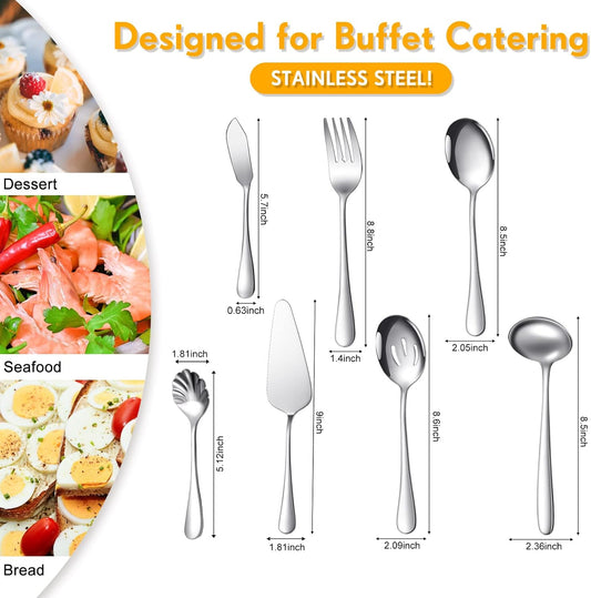 Patelai Serving Utensils Set Include Stainless Steel Large Spoons Slotted Spoons Forks Tongs Soup Ladle and Pie Server for Parties Buffet Catering, Dishwasher Safe(Silver,7 Pieces)