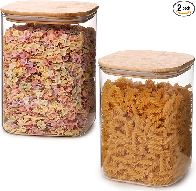 Liuruiyu 2-Pack Square Glass Food Storage Jars, 108oz (3.37 QT) – Airtight Clear Glass Canisters with Bamboo Lids for Kitchen Organization, Tea, Coffee, Flour, Sugar, Candy, Cookies, and Spices