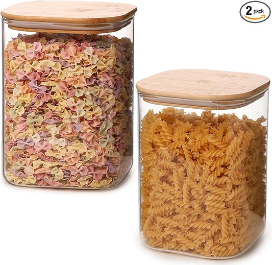 Liuruiyu 2-Pack Square Glass Food Storage Jars, 108oz (3.37 QT) – Airtight Clear Glass Canisters with Bamboo Lids for Kitchen Organization, Tea, Coffee, Flour, Sugar, Candy, Cookies, and Spices