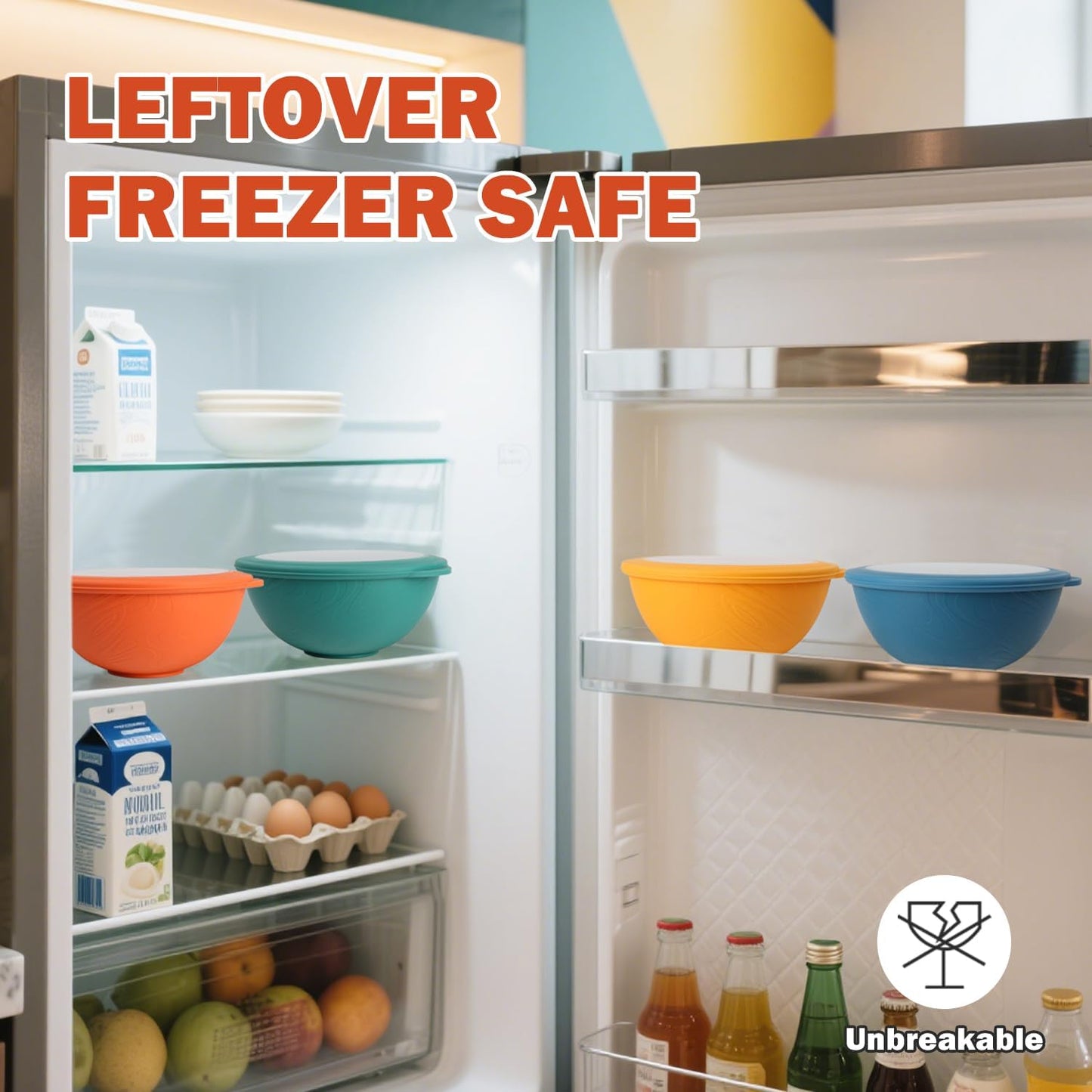 Wrova 40oz wheat straw bowls with lids set of 4,cereal bowls with covers anti-leaking,unbreakable salad container for lunch, dishwasher safe bowl sets for kitchen. Vibrant Series