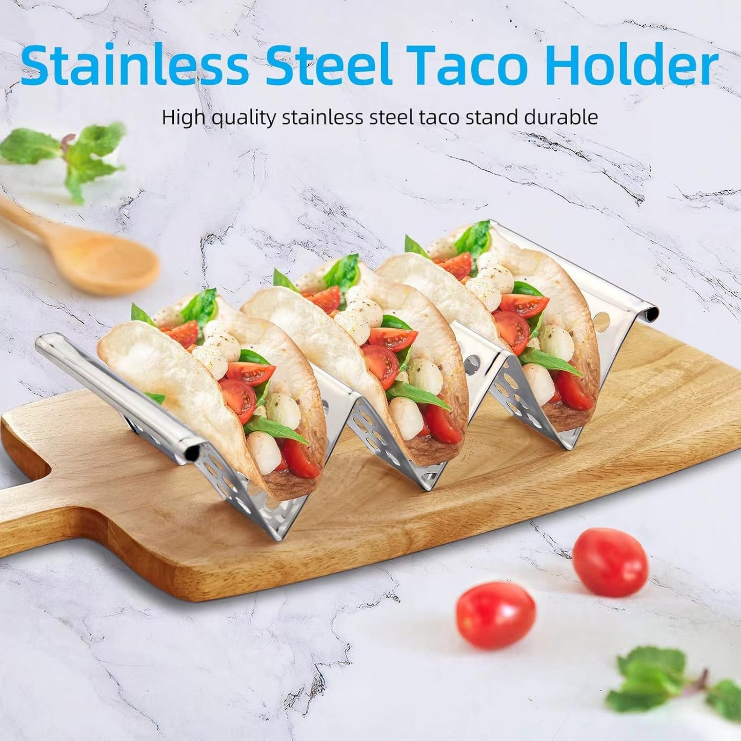 Taco Holders Set of 4, Taco Stand, Stainless Steel Taco Holder, Each Can Hold 3 Tortillas, with Easy-Access Handle, Fits Microwave, Air Fryer and Oven