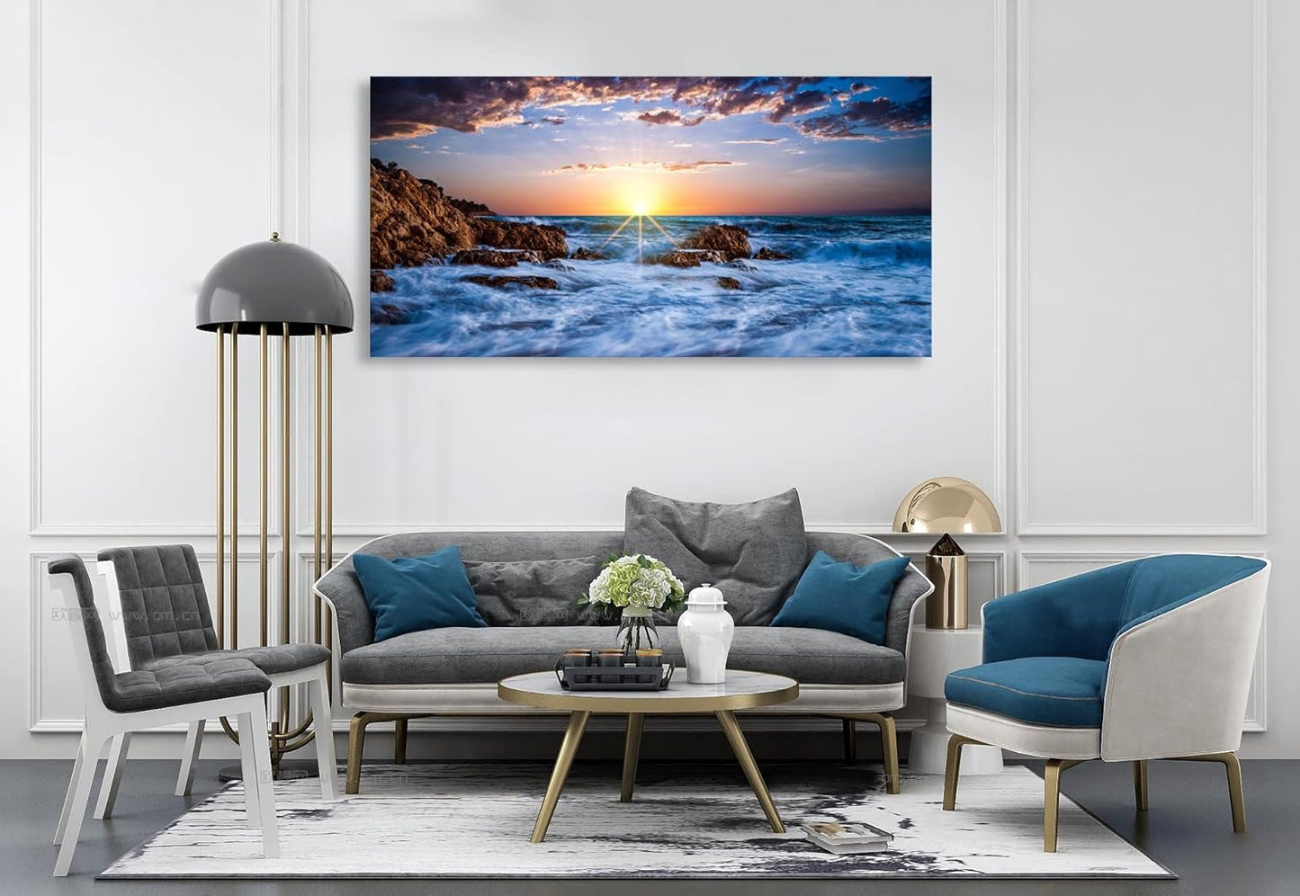 Muolunna BK05862 Wall Art Decor Canvas Print Picture Sunset Blue Ocean 1 Panel Sea Waves Scenery Painting Artwork for Office Wall Decor Home Decoration Stretched and Framed Ready to Hang 24x48inch