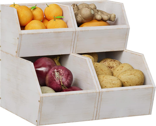 2 Set Bamboo Pantry Storage Bins Wood Stackable Baskets Potato and Onion Storage Bins Fruits Vegetable Bread Organization for Kitchen Counter