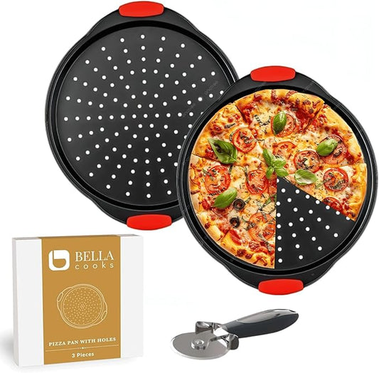 12 Inch Pizza Crisper Pan Set of 2 Non-Stick Perforated Pizza Tray for Crispy Crust, Heat-Resistant Carbon Steel Pizza Baking Pans, Dishwasher Safe Pizza Oven Trays for Even Heating & Air Circulation