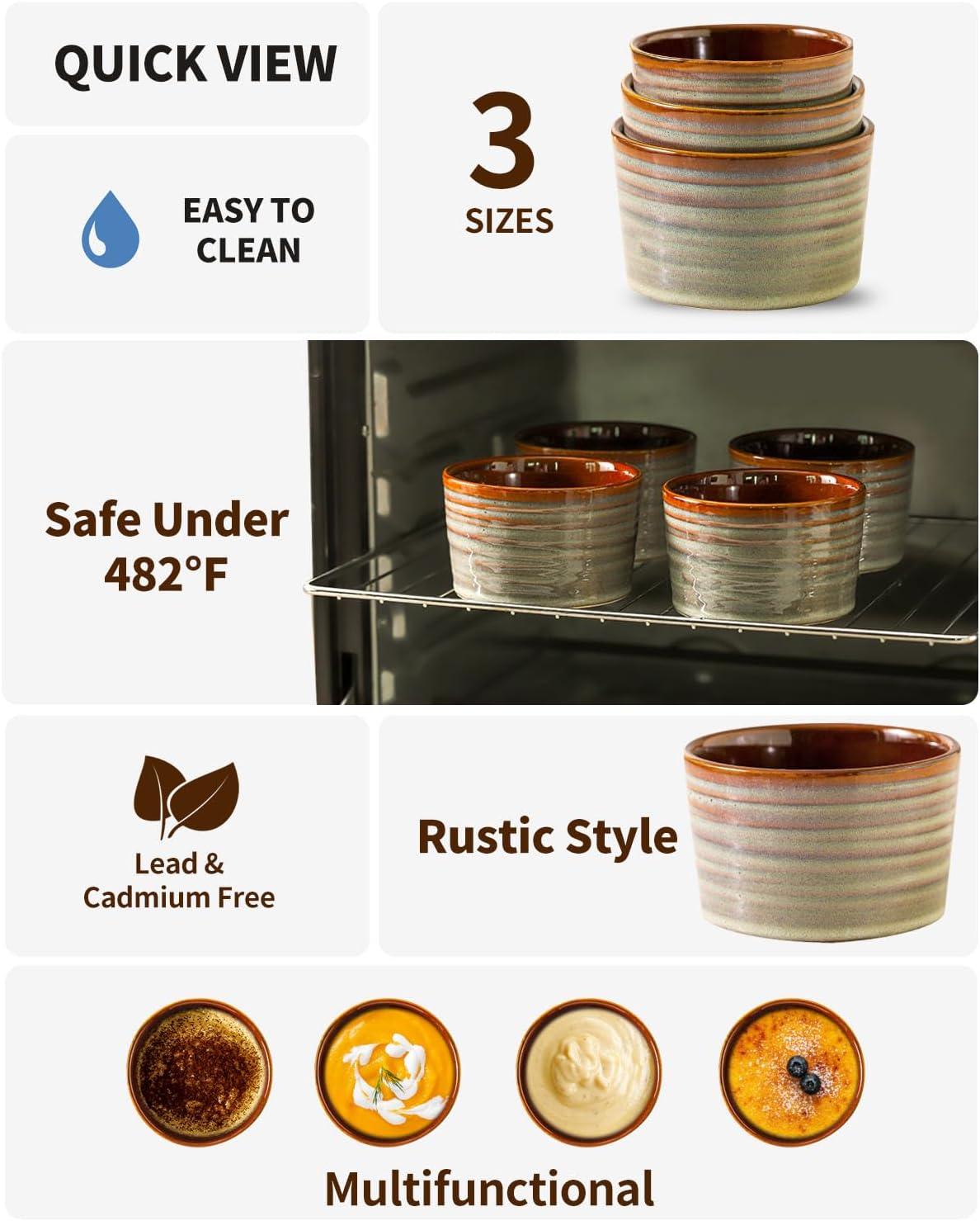 Hasense Creme Brulee Ramekins Oven Safe, 8 Ounce Ceramic Souffle Dish Set of 6, Small Dipping Sauce Bowls for Pudding, Souffle, Serving Dip, Custard, Ice Cream, Light Grey