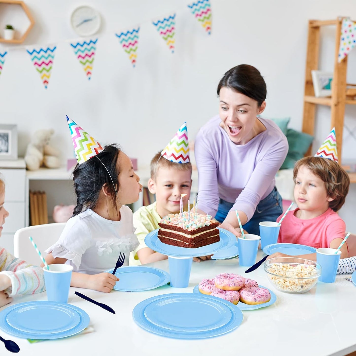 TWOWYHI 228PCS Light Blue Party Supplies Set Include Paper Plates Cups Paper Napkins Plastic Spoons Forks Knives for 30 Guests Disposable Party Dinnerware for Birthday Wedding Family Picnic