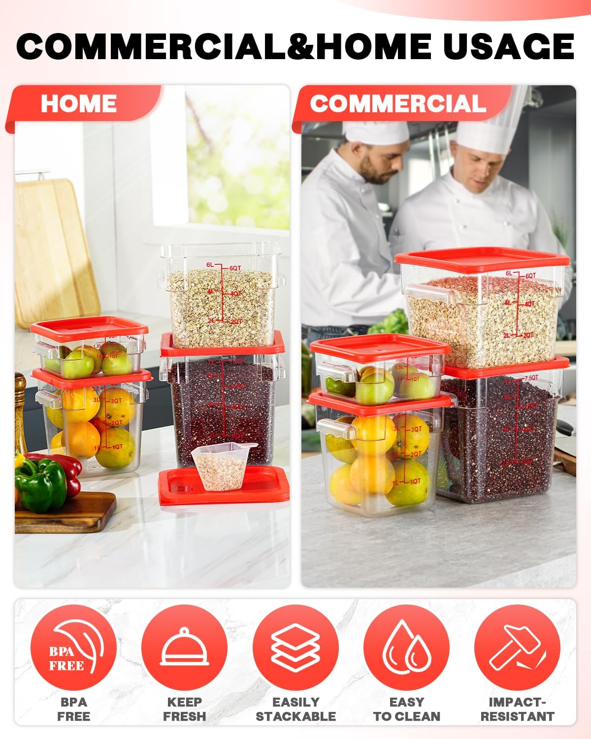 2QT NSF Food Storage Containers: 8 PCS [Food Grade][Hot&Cold Resistant] Commercial Clear Square Food Storage Containers with Scales Handles for Home Restaurant Kitchen Proof Dough(BPA FREE)