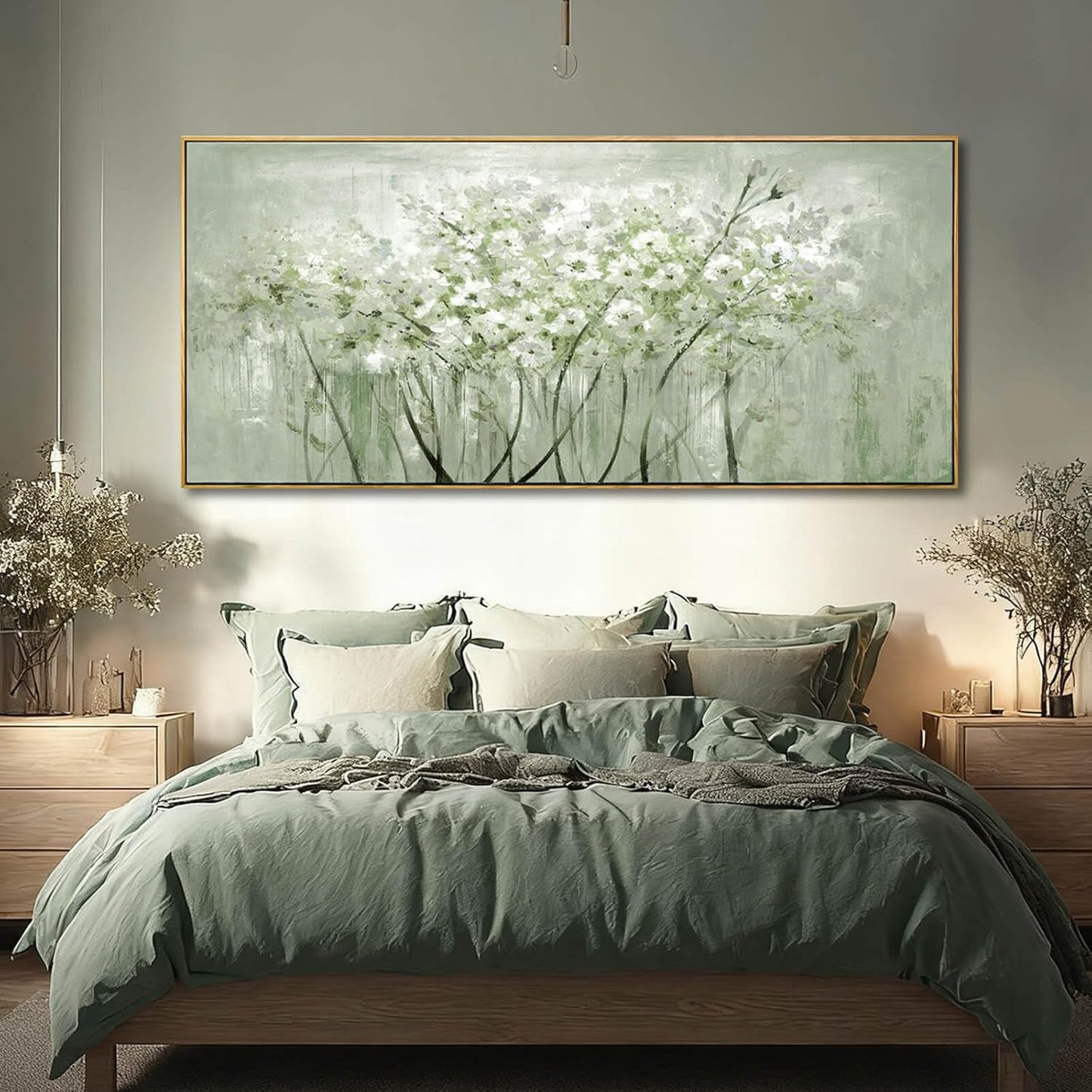 MLART99 Soft Green and White Floral Canvas Extra large Flower Wall Art Texture Botanical Print Plant Posters- 32x70 Inch Modern Home Decor for Living Room Entryway