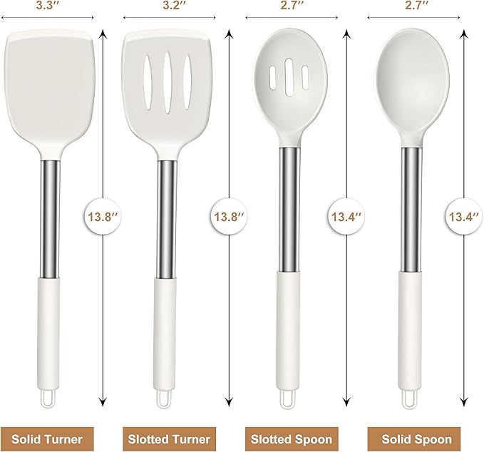 LIANYU Silicone Spatula and Cooking Spoon, 4 Pack Kitchen Cooking Utensils Set for Non-stick Cookware, Heat Resistant Solid & Slotted Spoons and Spatulas, Stainless Steel Handle, White