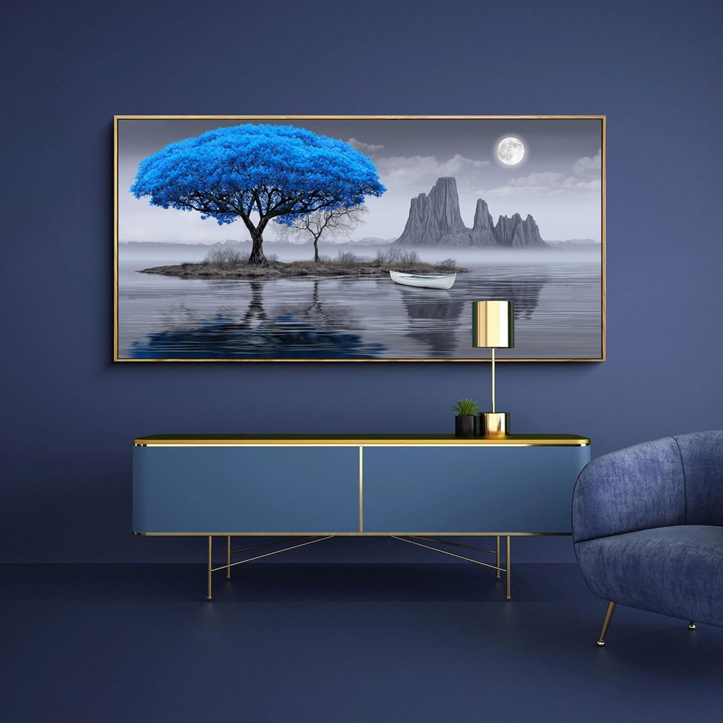 XLSJERST Living Room Wall Decor - Black and White Blue Tree Moon Canvas Wall Decor for Home Artwork Painting 29x58 Inches Canvas Print for Bedroom Decor Modern Salon Kitchen Office Hang a Picture