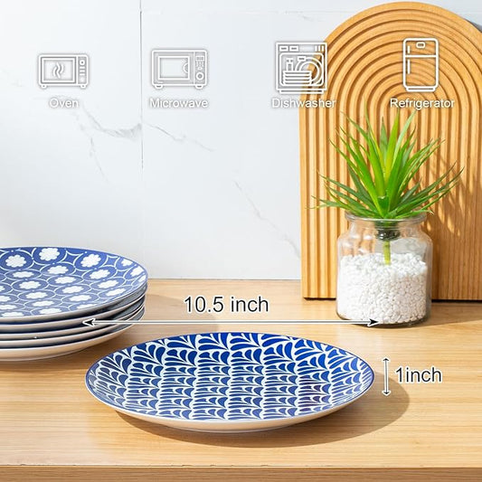 AntoKueh Porcelain Dinner Plates Set of 6, 10.5 Inch Large Ceramic Plates - Blue and White Vintage Design for Salad, Pasta, Steak - Scratch, Chip Resistant, Dishwasher & Microwave Safe