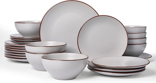 Famiware Venus Ceramic Plates and Bowls Sets, Speckled Dinnerware Dish Sets for 8 (24 Pieces) - Microwave and Dishwasher Safe, Matte Light Grey