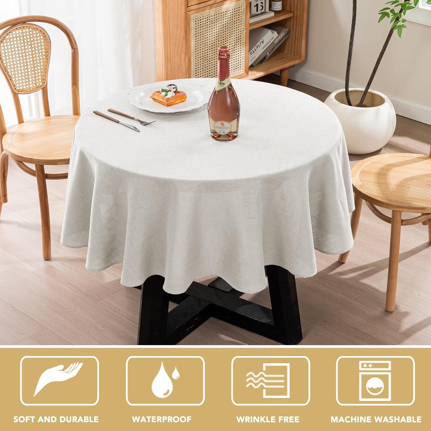 H.VERSAILTEX Linen Table Cloths Round 60 Inch Premium Tablecloth Spill-Proof Waterproof Table Cover for Dining Buffet Feature Extra Soft and Thick Fabric Wrinkle Free, White