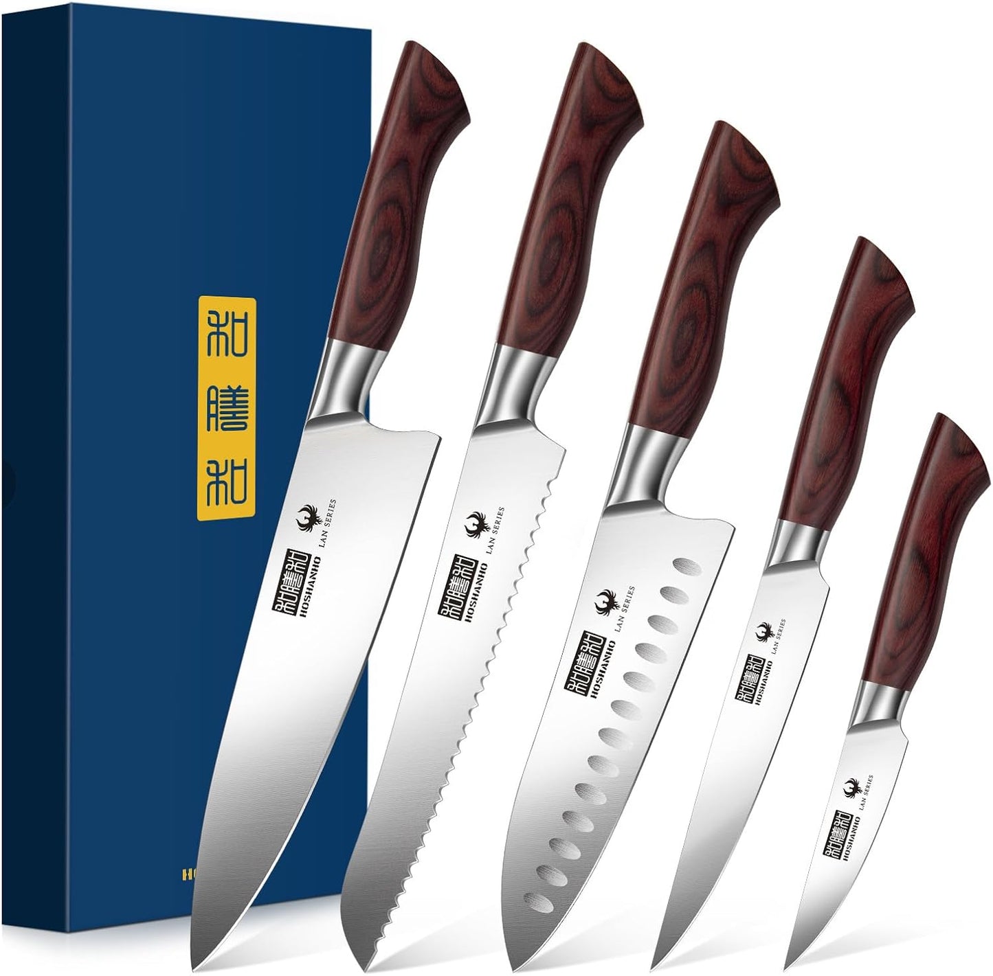 HOSHANHO 5-Piece Japanese Style Kitchen Knife Set,Professional Ultra Sharp High-Carbon Stainless Steel Chefs Knives with Ergonomic Wood Handle,Elegant Box Packaging