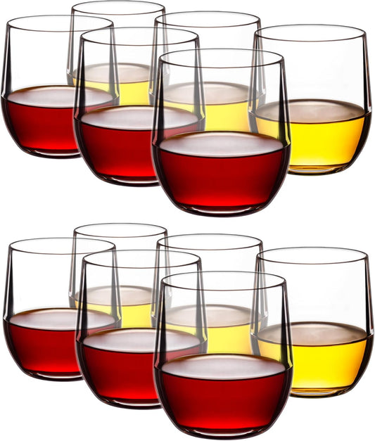 14-ounce Plastic Stemless Wine Glasses, All Purpose Arcylic Glasses, set of 12 Clear Reusable Shatter-resistant Dishwasher Safe